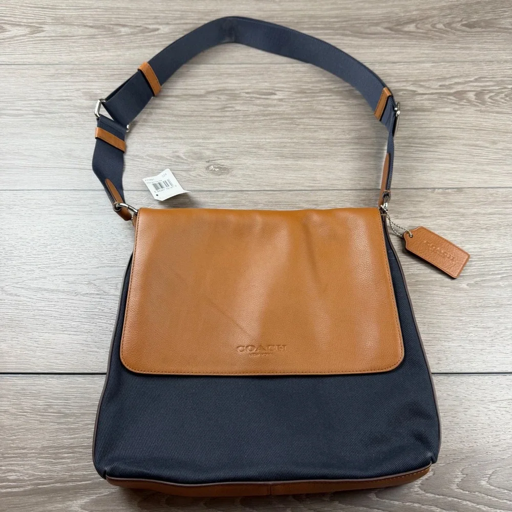 Coach Mens Map Bag Twill Leather Messenger Midnight Saddle F71691 OS